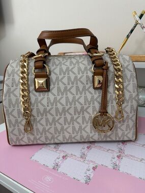 Michael Kors Vanilla and Acorn Logo Satchel with Gold Accents